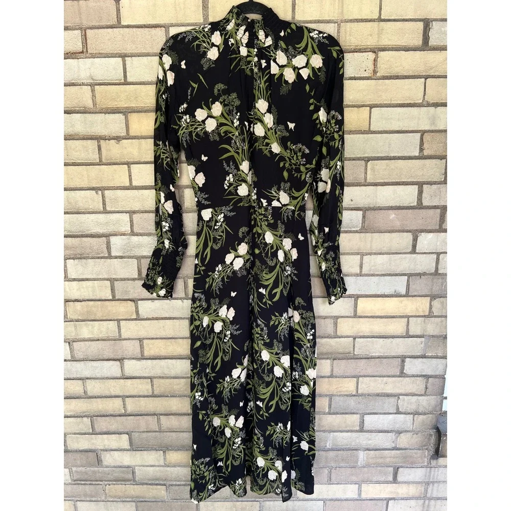 Reformation Valentin Midi Dress Black Floral Smocked High Neck Size Small 4 - Picture 6 of 8